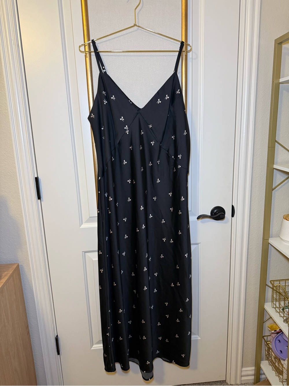 Black Slip Dress with Spaghetti Straps and Pink Bows